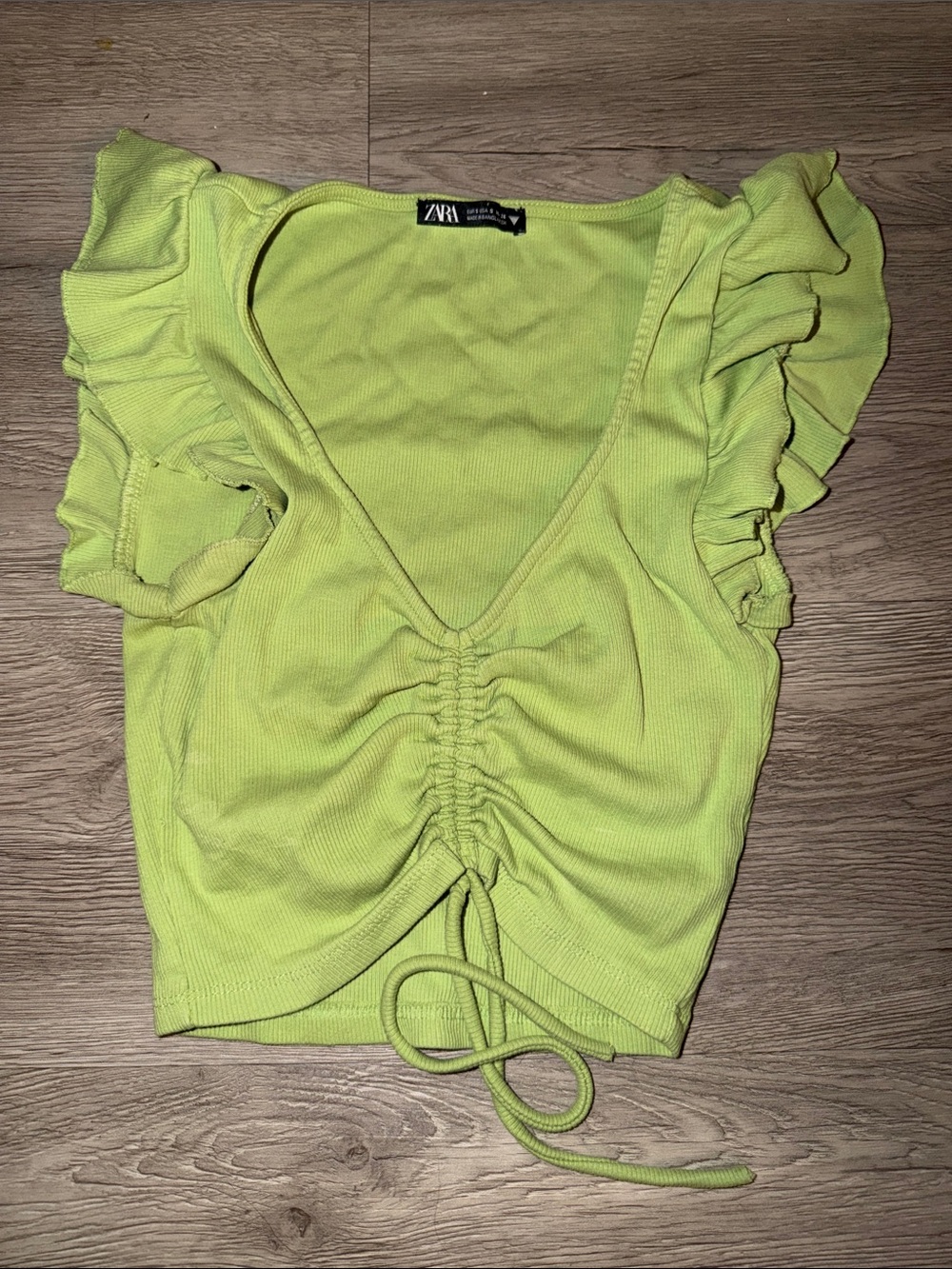 Zara Lime Green Ruched V-Neck Crop Top with Ruffle Sleeves